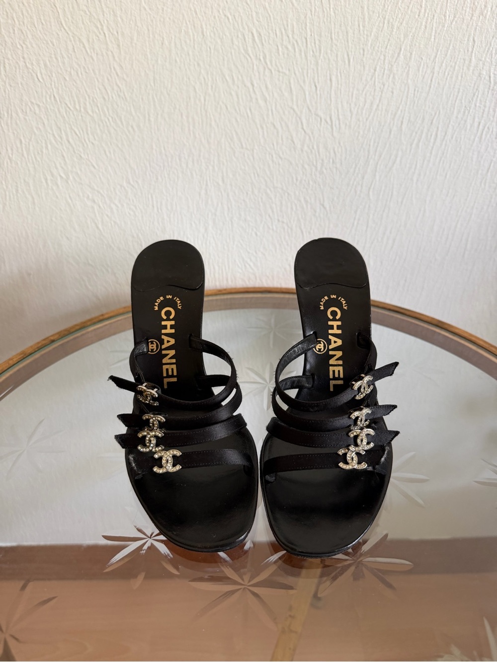 CHANEL Black Crystal CC-Strap Heels